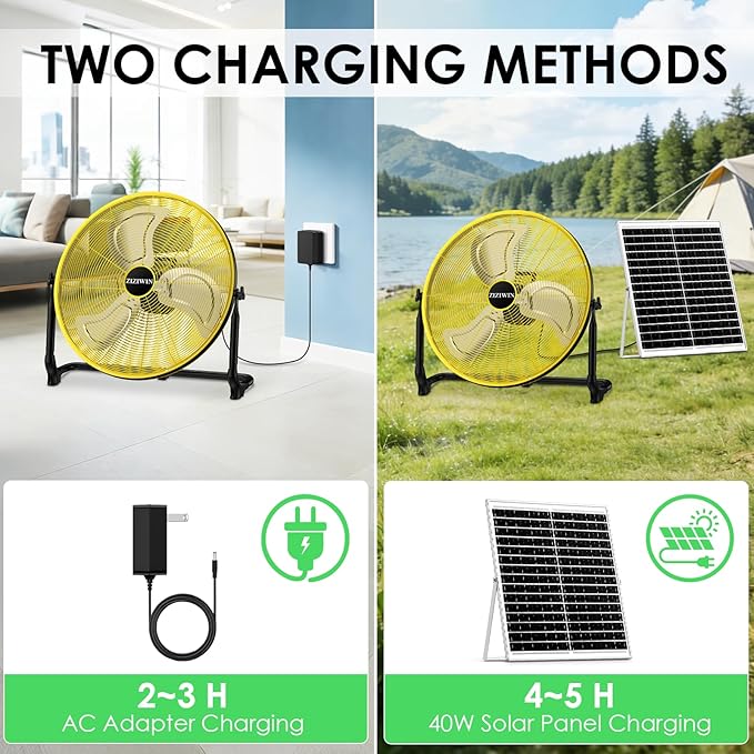 20'' Large Solar Fan, Battery Operated Camping Fan for Outside, Portable Rechargeable Cordless Floor Fan, 360° Tilt, USB Output, Wireless, for Home Garage Outdoor Patio Gazebo Greenhouse RV