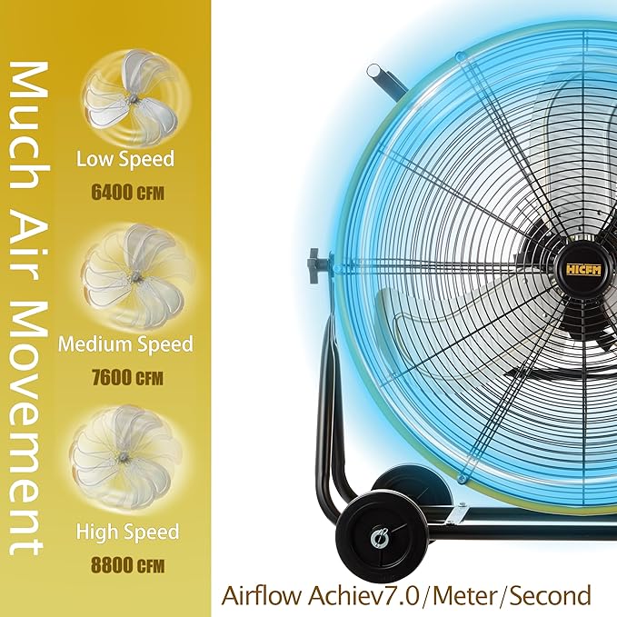 HiCFM 24" Industrial Drum Fan 8800 CFM High Velocity 3-Speed Heavy Duty Metal Air Circulator with Casters Handle for Basement Warehouse Factory workshops