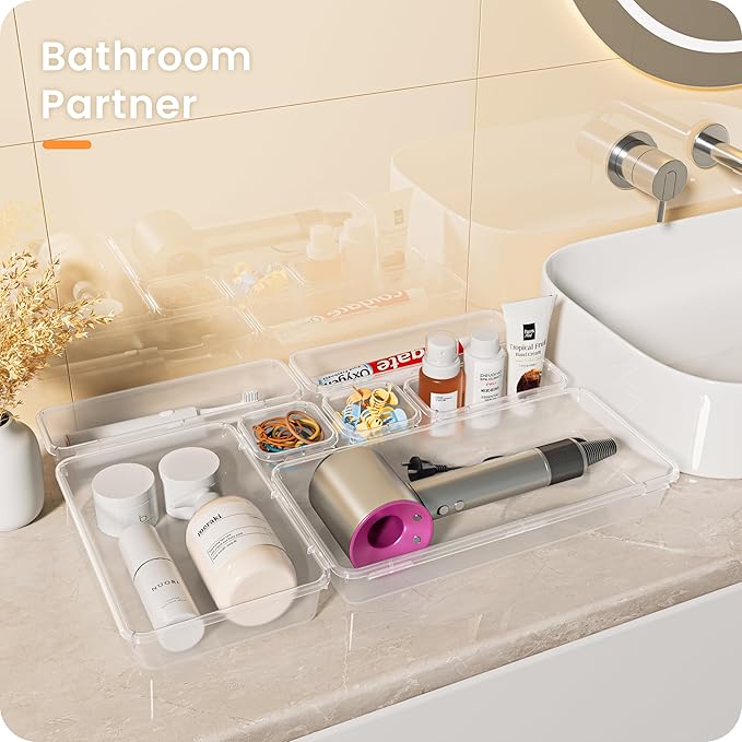 A-LuGei 【46PCS & 5Sizes】 Clear Drawer Organizer,【Hold 277 Items】 Makeup Organizer, Bathroom Organizers and Storage, Organization and Storage, Organizer Bins for Office Vanity Kitchen Tool Trays
