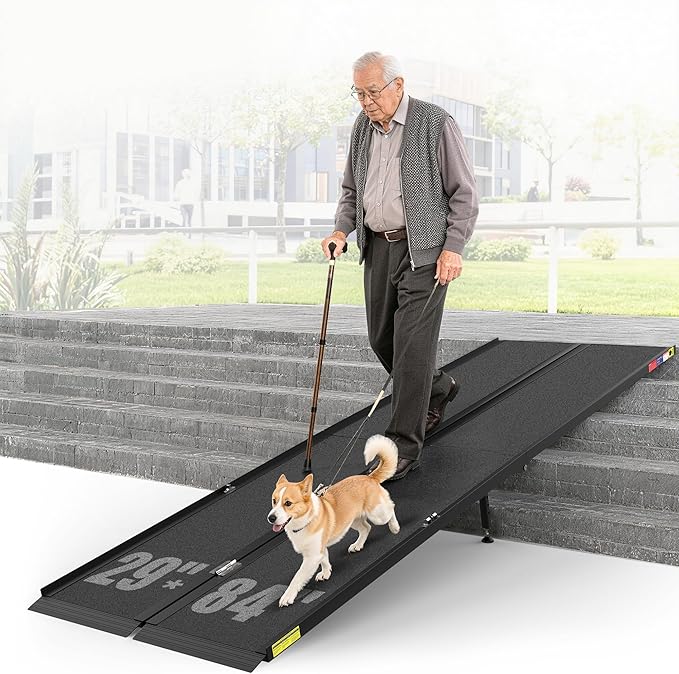 7 Feet Portable Wheelchair Ramp with Sopport Legsk, Black Seamless Non-Slip Aluminum Folding Handicap Ramp,Threshold Ramp for Doorways, Wheel Chair Ramp for Home Steps