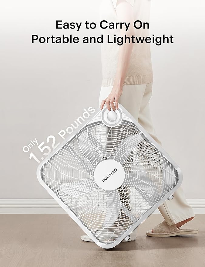 PELONIS 20 Inch Box Fan – 3 Speeds, Window Fans, Floor or Tabletop, 25ft/s, 2025 Upgraded, Superior Air Throw (2295 CFM), Lightweight, 5 Blades, Fans for Bedroom, Office, Living Room, Garage