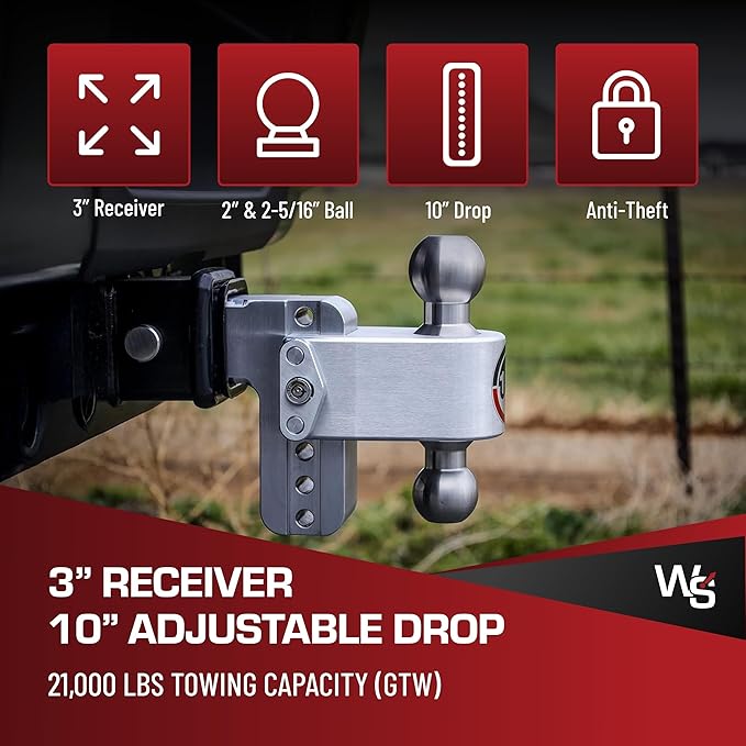 Weigh Safe 180-Degree Trailer Hitch - Adjustable Trailer Hitch for Towing - Compatible with 3" Receivers - 10" Drop, Stainless Steel Tow Balls, 21,000 GTW, 1-Piece Lock Set