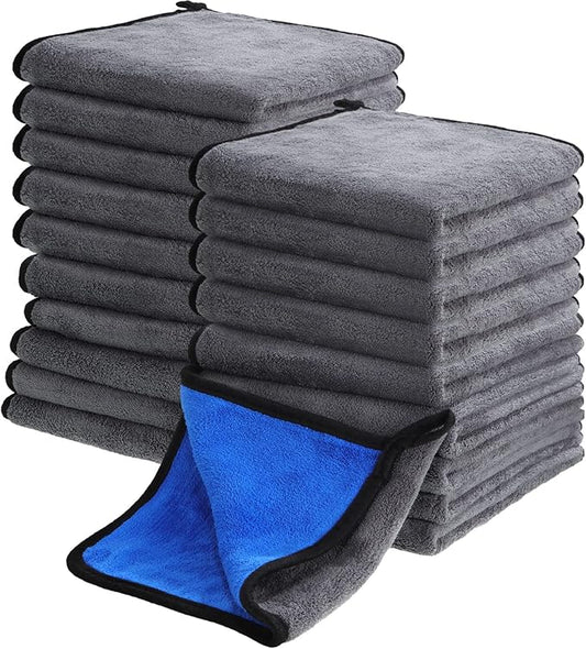 Nuenen 20 Pcs Microfiber Car Drying Towels Microfiber Cleaning Cloth 800 GSM Thick Plush Cleaning Dusting Cloth Auto Detailing Absorbent Towels Rags for Car Household Kitchen Window(Grey and Blue)