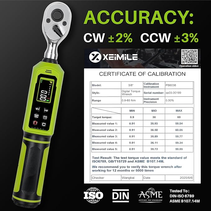 Digital Torque Wrench 3/8" Drive-0.66-44.25Ft.Lb, 0.9-60 N.m, Electric Torque Wrench With Adjustable Vibration Buzzer LED Indicator,±2% Accuracy Five Units for Bike Motorcycle Car Auto Repair