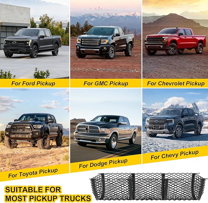Gestec 3 Pocket Truck Bed Cargo Net for Toyota Ford Dodge GMC Chevy Silverado, Universal Pickup Mesh Storage Net 47.2" x 11.8" Stretchable Elastic Truck Bed Grocery Holder Net with 4 Ball Bungees