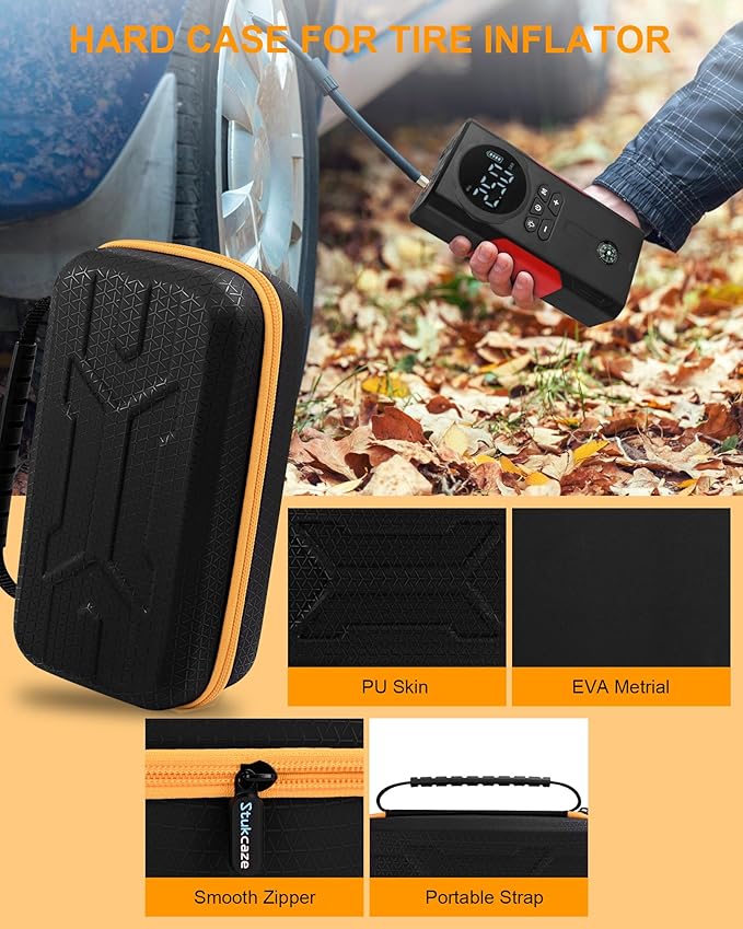 Tire Inflator Case for Airmoto/Skight/LOLSSA/Teffim/Hafuloky/Frarome/ILTIDE, Portable Carrying Air Compressor Case Compatible 120/150 / 180 PSI, Car Air Pump Storage Holder Box (black+orange)