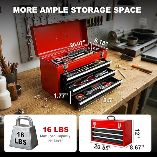 BIG RED Metal Tool Box, 20.5-inch, Portable Metal Tool Box with 4 Drawers, Small Tool Chest with EVA Liners, Ball Bearing Slide Drawers Locking & Powder Coated Finish, Multi-Function Tool Organizer