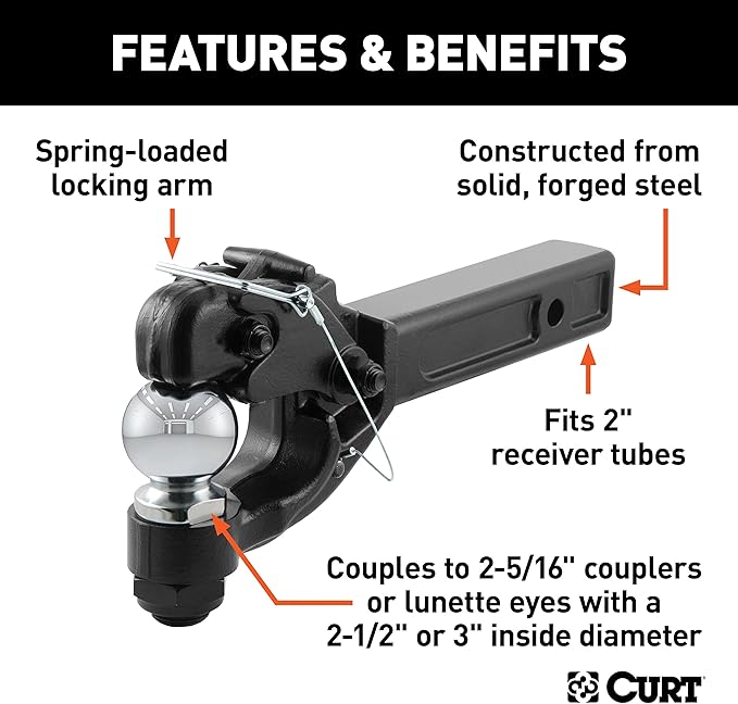 CURT 48006 Pintle Hitch with 2-5/16-Inch Trailer Ball, Fits 2-Inch Receiver, 16,000 lbs, 15-1/4-Inch Length