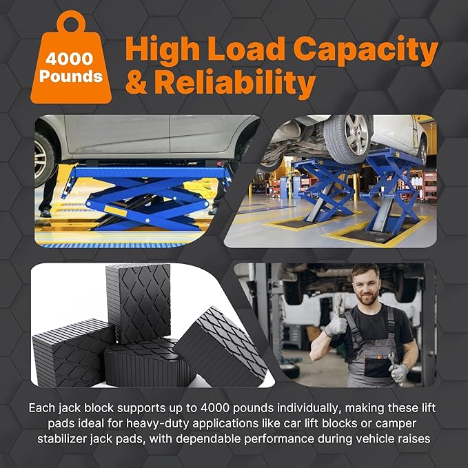 4 Pack 6-3/8" x 4-3/4" x 3.15" Solid Rubber Auto Lift Block Pads, Heavy-Duty Rubber Blocks for Car Lift Pads, Lift Blocks, Camper Stabilizer Jack Pads-Anti-Slip Texture,4000lb Capacity