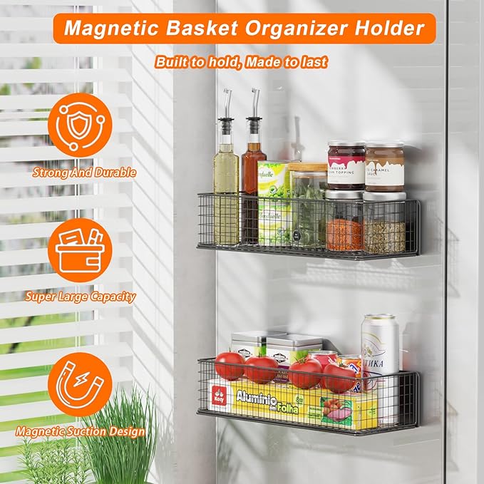 2Pack Magnetic Basket Organizer Holder for Fridge, Magnetic Shelf for Garage, Laundry, Kitchen, Workshop, Cabinet