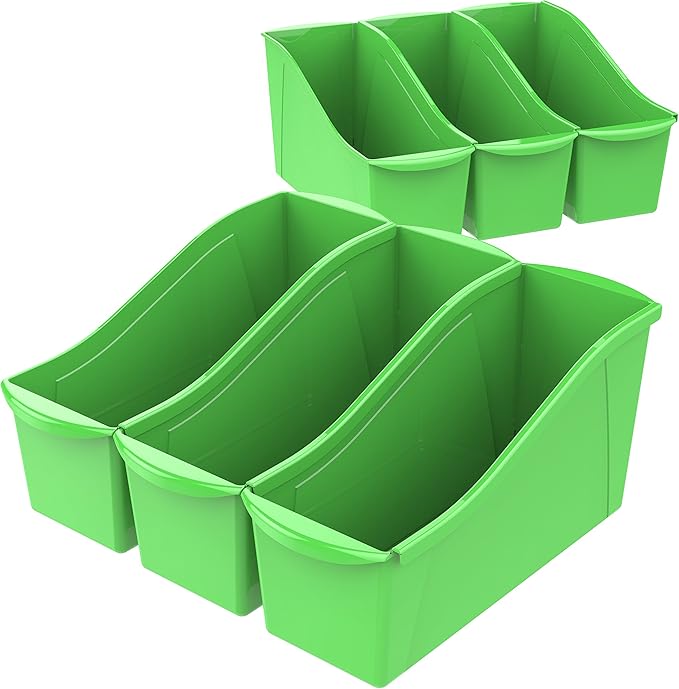 Storex Large Book Bin, Interlocking Plastic Organizer for Home, Office and Classroom, Green, 6-Pack (71104A06C)