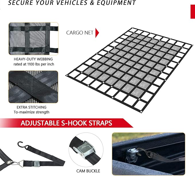 Surmountway Cargo Net for Pickup Truck Bed with Mesh(96" x 80"), Truck Bed Cargo Net Capacity 1100LBS, Heavy Duty Cargo Nets with Adjustable Cam Buckles & S-Hooks, Truck Cargo Net for Trailer Trucks