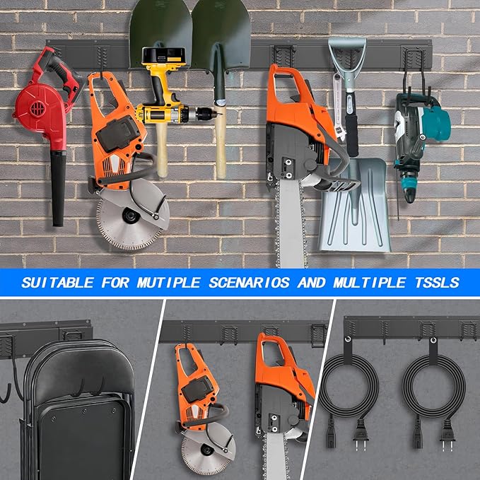 CBWLWJ 48 Inch Garage Tool Organizer Wall Mount - Heavy Duty 480 lbs Capacity Tool Rack with 6 Adjustable Bilayer Hooks, Wall Mounted Storage System for Garage, Shed, Workshop (Black)