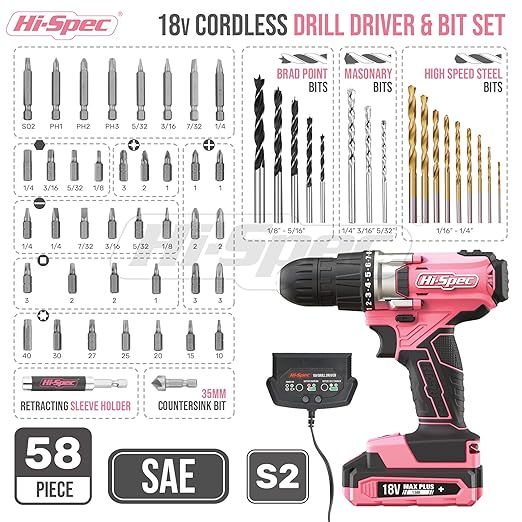 Hi-Spec Pink Cordless Drill Set, 18V Electric Drill with Battery And Charger,Includes Driver/Drill Bit Set for Wood, Steel and Concrete.In a Carrying Case for Home Repair, 58-Piece