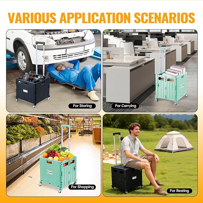 Folding Utility Cart Portable Rolling Crate Handcart Shopping Trolley Collapsible Tool Box, with Lid, Basket on 4 Rotate Wheels, for Grocery, Garden, Office, Storage, Teacher, Tool (Green)