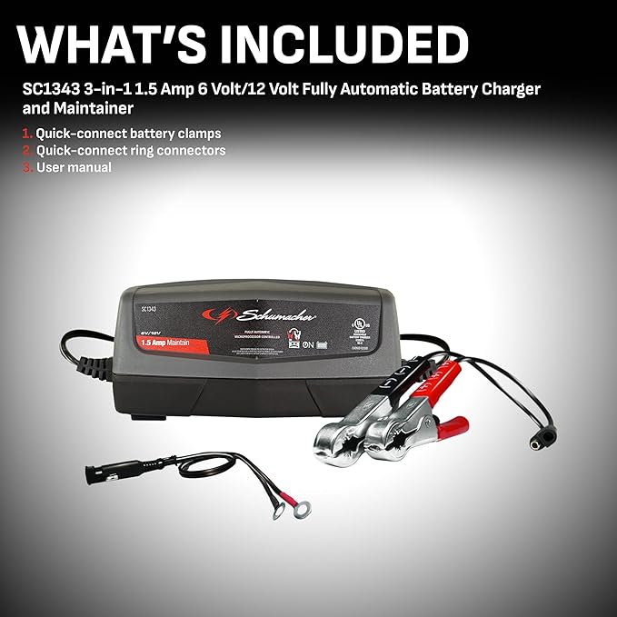 Schumacher Electric 1.5A Car Battery Charger and Maintainer, 3-in-1 Solution, for 6V/12V Batteries Power Sport, Automotive, and Marine Batteries, SC1343