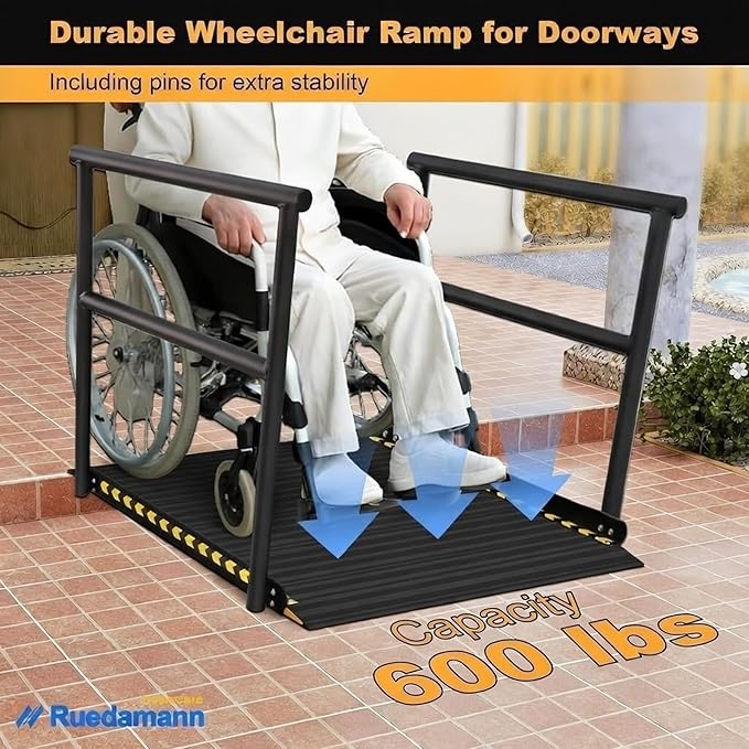 Ruedamann 3'L x 36" W Wheelchair Ramp with Handrails, Aluminum Wheelchair Ramps for Steps, Portable Wheelchair Ramps for Home Steps,Non-Slip Handicap Ramps for Stairs, Doorways, Walkers, Black
