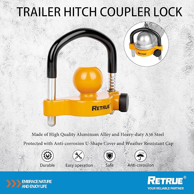 RETRUE Universal Trailer Ball Lock Hitch Coupler Locks Fits 1-7/8 Inch, 2 Inch, 2-5/16 Inch Couplers Adjustable Security with Weatherproof Cover and Cap, Yellow