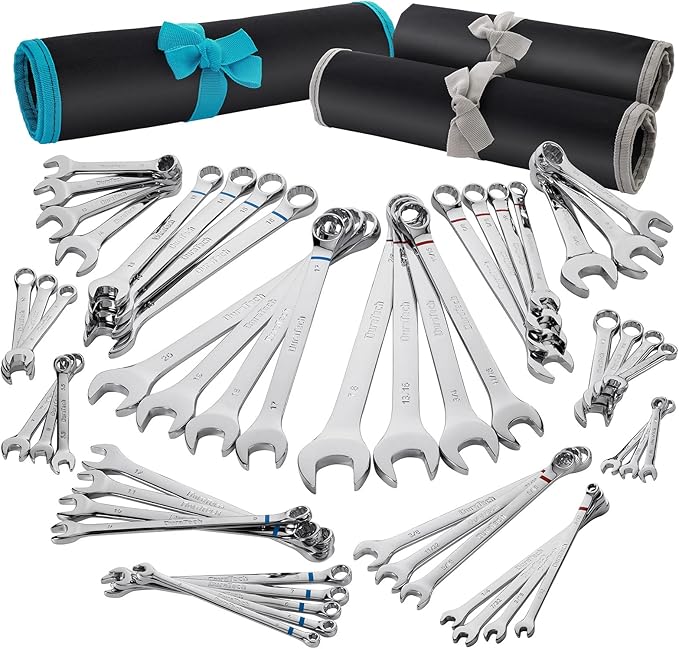 DURATECH 52-Piece Combination Wrench Set, 32 PCS Combo & 20 PCS Stubby, SAE & Metric, CR-V Steel, with Rolling Pouch
