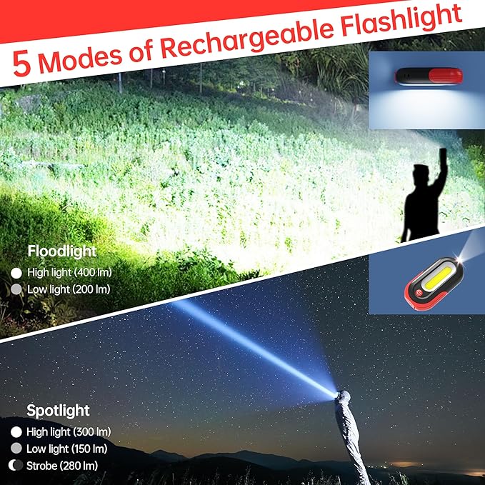 Magnetic Work Light Rechargeable, 400LM LED Work Light with COB Floodlight & Spotlight, 5 Modes, 3–7H Runtime, USB-C Magnetic Flashlight with Hook for Car Repair, Camping, Emergency