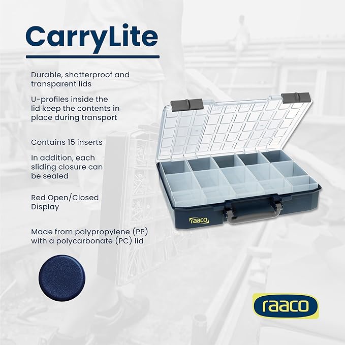 Raaco CarryLite Deep Small Parts Organizer Box – 3.2 Inch Height – 15 Inserts – Anti-Mix U-Profile Lid for Screws, Bolts & Nuts – Secure Sliding Lock – Portable Hardware & Tool Storage (CarryLite 80)