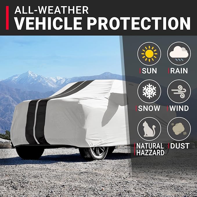 iCarCover Premium Plus Truck Cover Waterproof All Weather Rain Snow UV Sun Protection, Tacoma, Frontier, Explorer, Ridgeline, Ranger, Colorado, Size T82 (See Size Chart) Stripe - Light Gray/Black