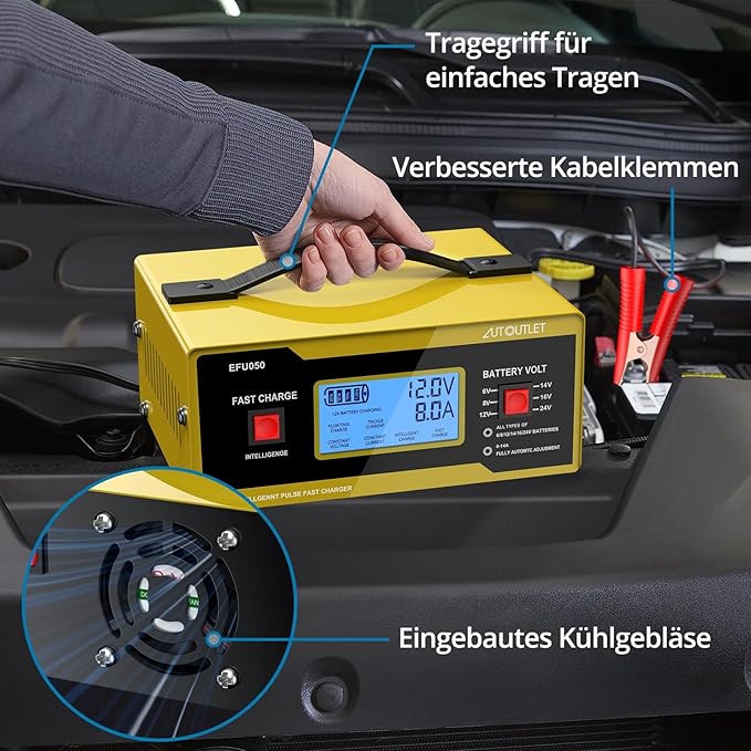 AUTOUTLET Upgraded 6/8/12/14/16/24V Battery Charger Automotive Smart Car Battery Charger and Trickle Maintainer 0-14A Fully Automatic with Cable Clamps