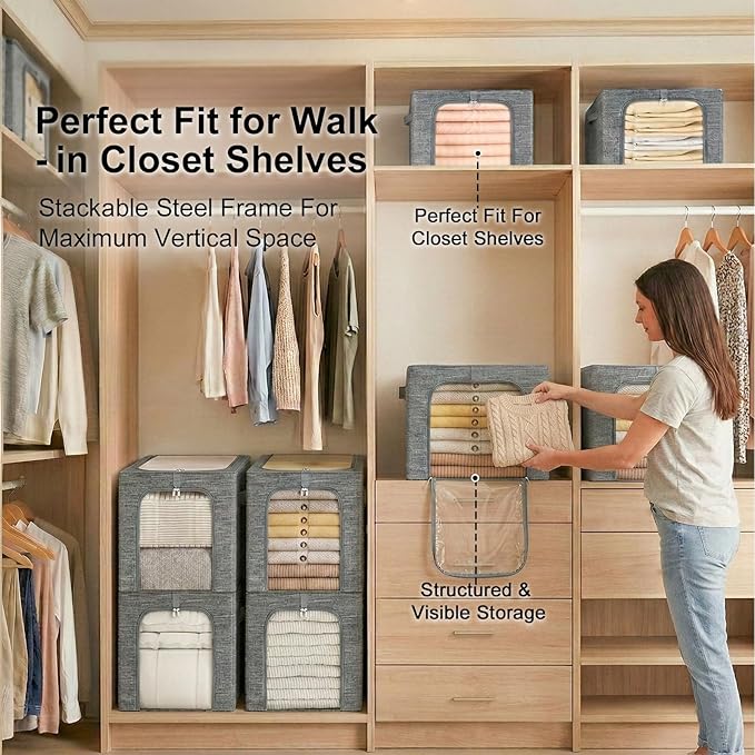 GoMaihe Clothes Storage Bins Metal Frame: 55L Extra Large Stackable Closet Storage Bin with Lid & Clear Window, Heavy Duty Blanket Box for Winter Coats Comforters (Fits Deep Closet 4-Pack)