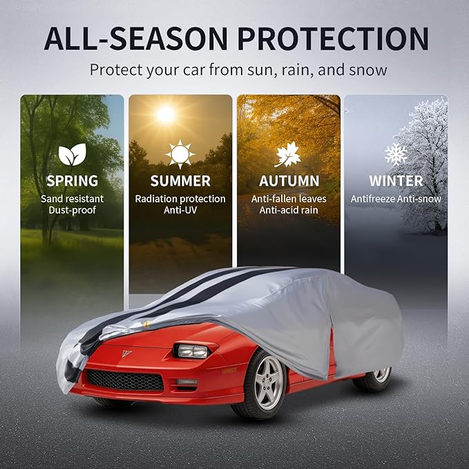 Multi-Layer Car Cover Custom Fit for Pontiac Firebird(1992-2002), 100% Waterproof All Weather for Automobiles, Gift with Towel, Heavy Duty Car Covers for Rain Sun UV Protection with Door Zipper