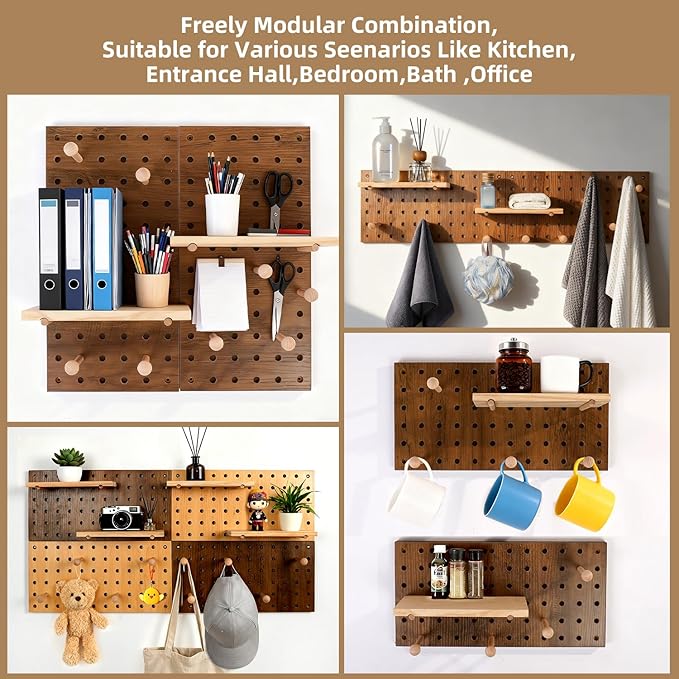 Brown & Beige Wood Pegboard Modular Display Wooden Pegboard Combination Wall Organizer Storage Wall Hooks Shelf for Home, Office, Bathroom, Comes with 4 Pieces Pegboards