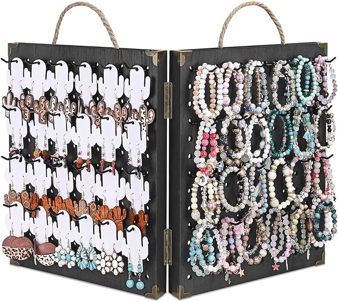 MOOCA Wooden Foldable and Portable 2 Panel Pegboard Jewelry Display Organizer with 48 Removable Black Metal Hooks & Convenient Rope Handle for Easy Carrying, Dual-Sided Panels for Hanging, Black Color
