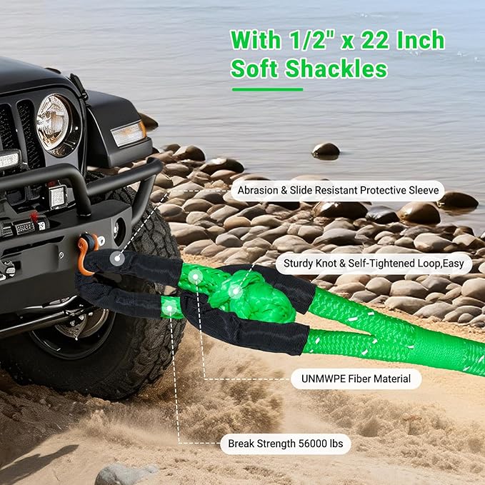 Kinetic Recovery Rope 7/8" x 30ft,48600lbs Breaking Strength Kinetic Tow Rope,Heavy Duty Recovery Rope with 2pcs Soft Recovery Shackles for Off-Road,Trucks,Jeep,SUV, ATV, UTV,Tractor