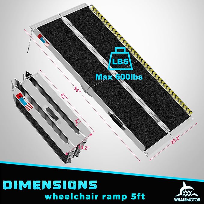 WHALEMOTOR Portable Wheelchair Ramp 7FT, Anti-Slip Aluminum Folding Portable Ramp, Wheelchair Ramps for Home, Weight Capacity Up to 800 LBS, with Transition Plates Above and Below, Loading Dock Plates