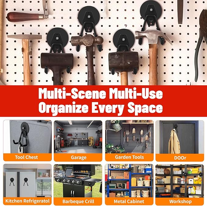 4 Pack Heavy Duty Magnetic Garage Hooks,No Drill Installation and Rubber Coating for Scratch-Free Use,Space Saving Large Utility Hooks for Kitchen,Tools,Pegboard,Workshop (Red 2pcs+Black 2pcs)