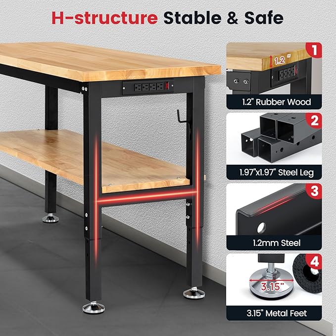 ENJOYWOOD 60" x 22" Heavy Duty Workbench Adjustable Height Garage Work Table with Solid Rubberwood Top, Pegboard & Power Outlets for Workshop, Home & Office