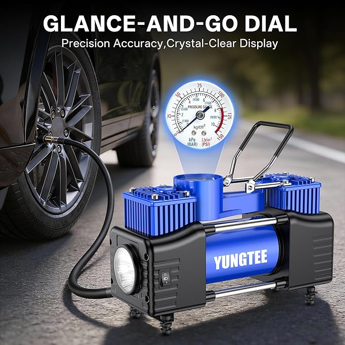 YUNGTEE Blue Tire Inflator Heavy Duty Double Cylinders Direct Drive Inflation Pump,12V Portable Air Compressor Pump with Emergency LED Light - 150PSI Tire Pump,Apply to Car,Suv,RV