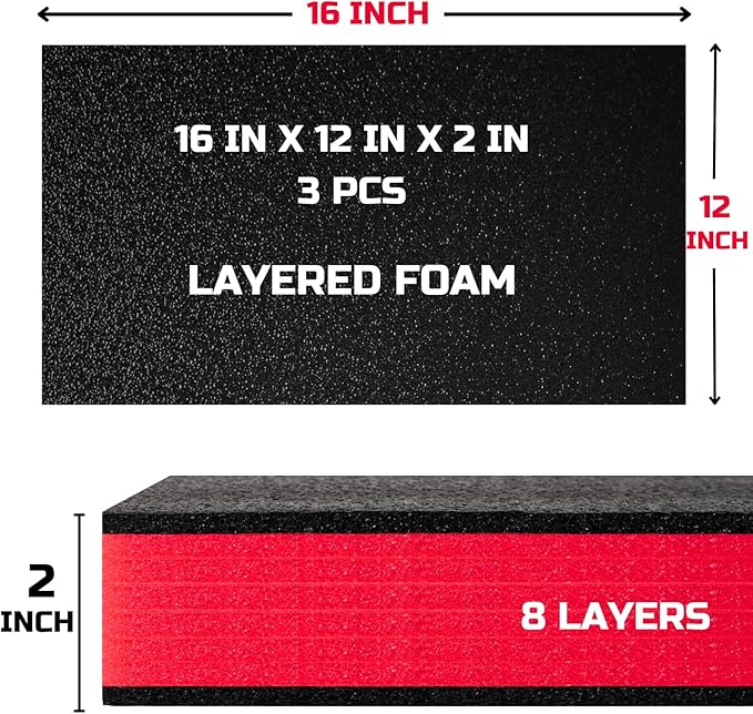 ONREVA Tool Box Foam 16x12x2 inch 3Pack, Foam Inserts for Cases, Polyethylene Storage Sheets for Toolbox Hard Case, Tool Shadow Insert, Kaizen Organizer Sheet, Black with Red