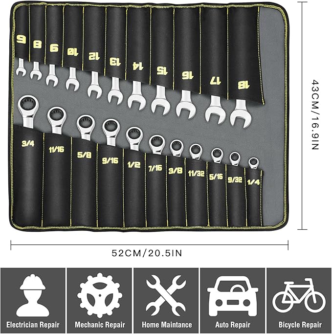 AIRAJ Combination Wrench Set,22-Piece Ratcheting Wrench Set,Long Open End,72-Tooth Ratchet Drive,CR-V Steel,Organizer With Tool Roll Bag,1/4"-3/4" & 6-18mm,SAE & Metric