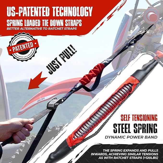 TorkStrap M500 | 14' x 1'' Self Tensioning Tie Down Straps - Automatically Adapt to Load Shifts - 1,500LB Break Strength - Pull Alternative to Ratchet Straps - Integrated Soft Loops & Hooks (8-PK)