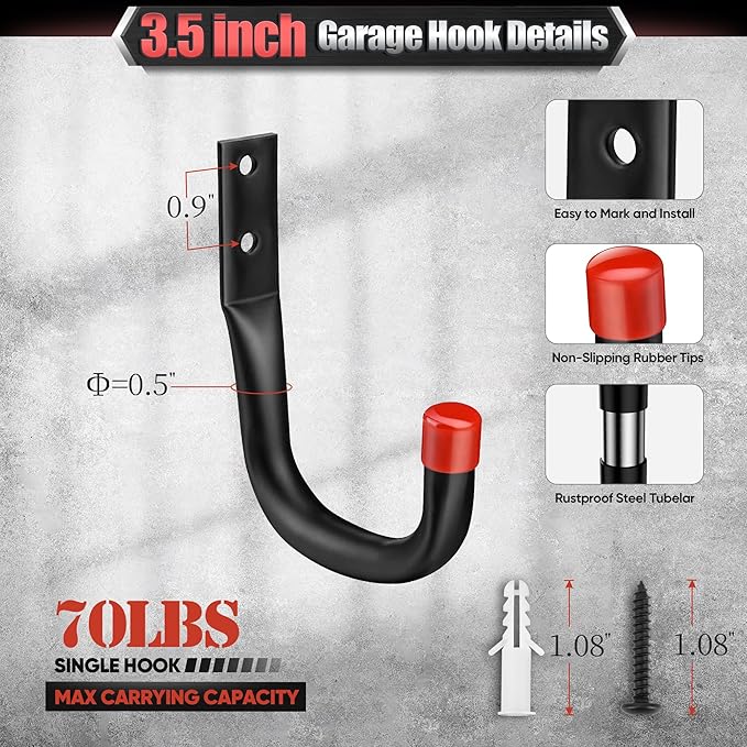 Nacial 12 Pack Garage Hooks Heavy Duty, 15" & 9.8" & 3.5" Kayak Storage Hook with EVA Pads, 100LBS Capacity Garage Hooks for Hanging Bikes, Kayak Folding Chairs and Hanging Ladders