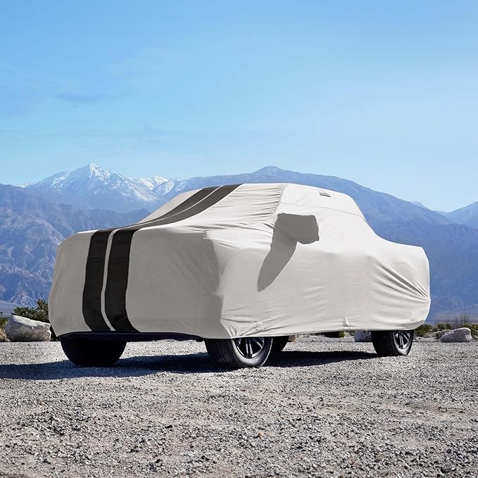 iCarCover Premium Plus Truck Cover Waterproof All Weather Rain Snow UV Sun Protection, Tacoma, Frontier, Explorer, Ridgeline, Ranger, Colorado, Size T82 (See Size Chart) Stripe - Light Gray/Black