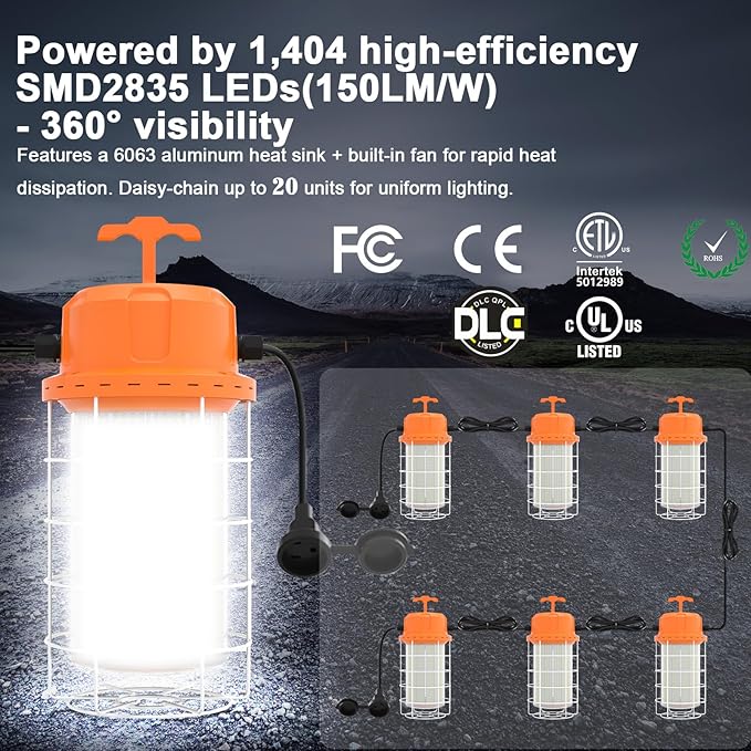 NS LED Temporary Work Light 400W 60000 LM, 5000K Daylight with 16-ft Cord & Hook, Waterproof, Orange - 26-Year Lifespan, 5-Yr Warranty, Chainable up to 20 (1-Pack) Construction JobSite Warehouse