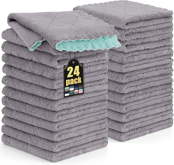 Mordimy 24 Pack Kitchen Cloths Dish Towels (10" x 10", Grey & Green), Super Soft and Absorbent Dish Cloths, Coral Velvet Microfiber Cleaning Cloth, Nonstick Oil Fast Dry Dishcloths