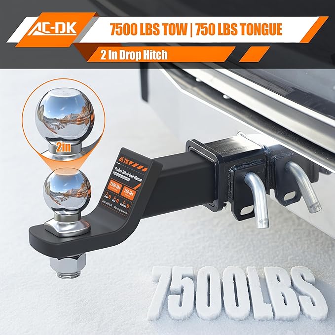 AC-DK Trailer Hitch Ball Mount for 2 inch Receiver,2 inch Drop Hitch,with 2-Inch Ball,7,500 lbs Capacity Ball Hitch, 750lbs Tongue Weight,Includes Hitch Pin