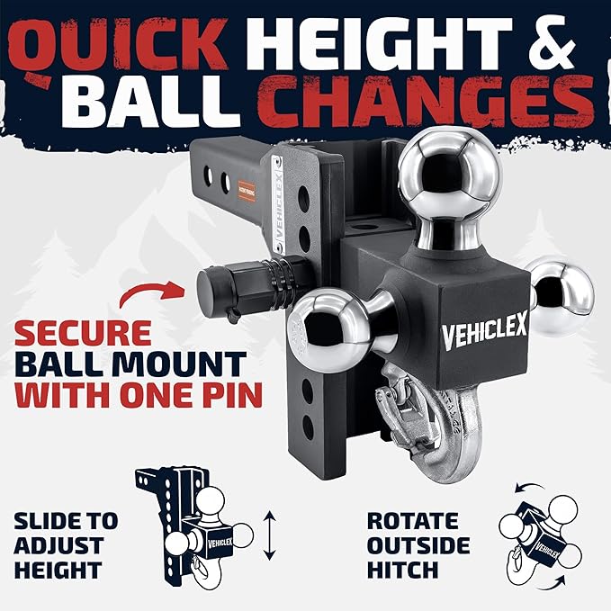 Vehiclex 6" Adjustable Drop Hitch for 2" Receiver, Heavy-Duty Tri-Ball & Tow Hook with Keyed-Alike Pin Locks for SUVs & Light-Duty Trucks, Solid Steel Design