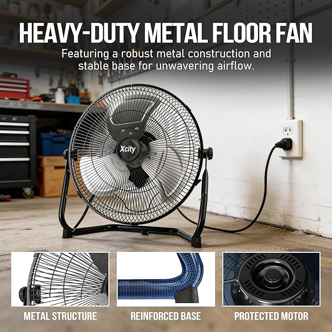 Xcity 20-Inch Metal Floor Fan, High Velocity 4650 CFM Industrial Fan, 3-Speed & 360° Adjustable Tilt, Heavy Duty for Garage, Warehouse, Office & Home