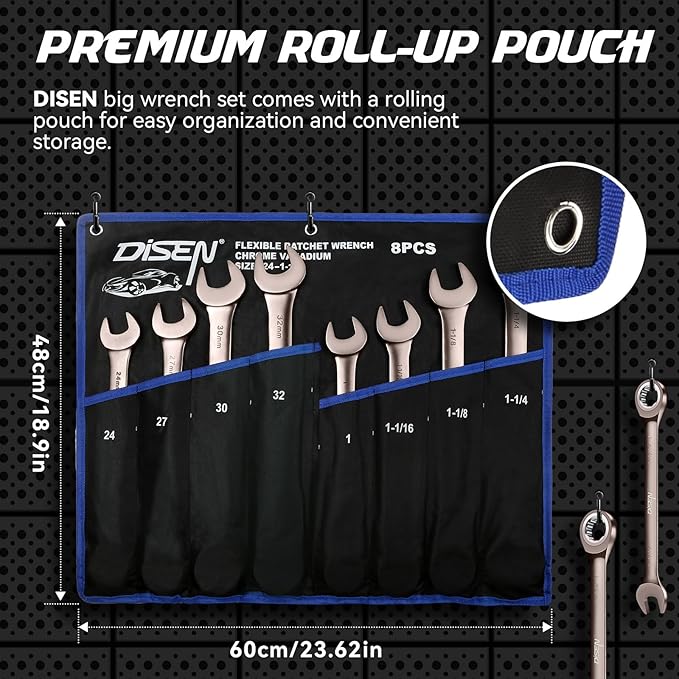 DISEN 8pcs Large Wrench Set Nickel Plating Jumbo Ratcheting Wrench Set Metric & SAE Combination Wrench Set with Rolling Pouch 24,27,30,32mm & 1'',1-1/16'',1-1/8'',1-1/4'' CR-V Steel Father's Gift
