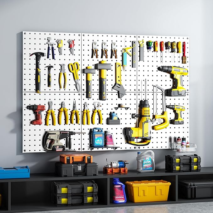 Peg Board, 70PCS Heavy Duty Metal Pegboard with Hooks, 6 Pack White Peg Board Panels, 50lbs Load Capacity Each, Pegboard Wall Organizer for Garage, Workshop, Craft Rooms Total 24” x 36”