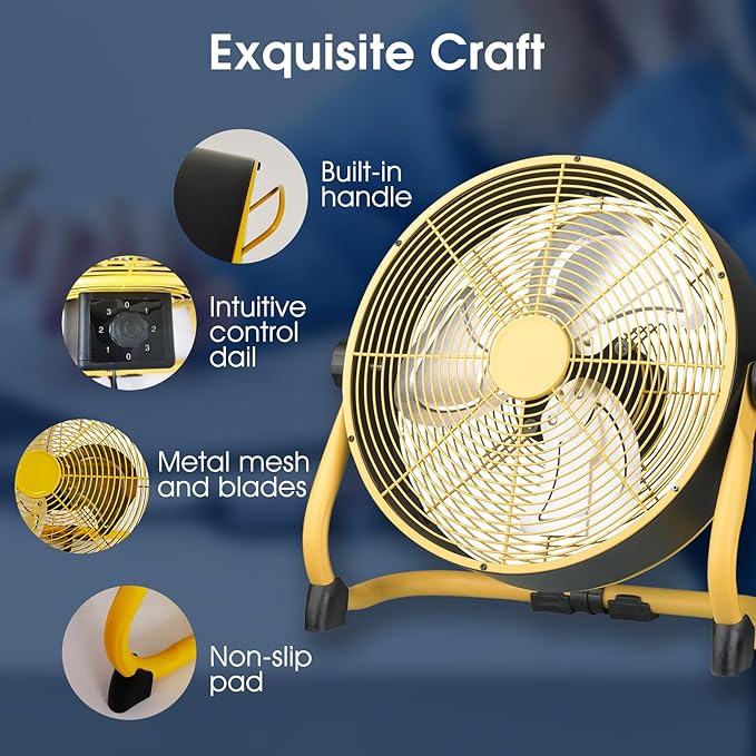 12 Inch High Velocity Floor Fan, Heavy Duty Metal Industrial Fans with 3 Speeds, Portable Fan with Adjustable 360° Head Tilt