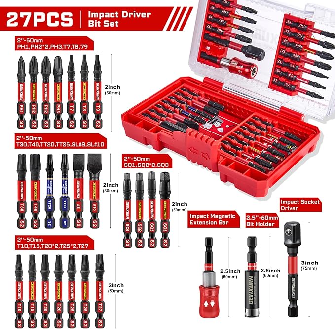 Geinxurn 27Pieces Impact Screwdriver Bits Set, Magnetic S2 Steel Phillips/Slotted/Square/Torx Insert Power Bits Tips, Impact Bit Holder and Impact Socket Adapte with Pink Storage Box Case